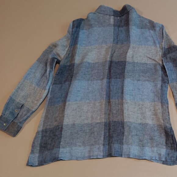VTG Doncaster Blouse Women's 14 100% Linen Blue Plaid Button Down Sheer Top - Picture 2 of 11